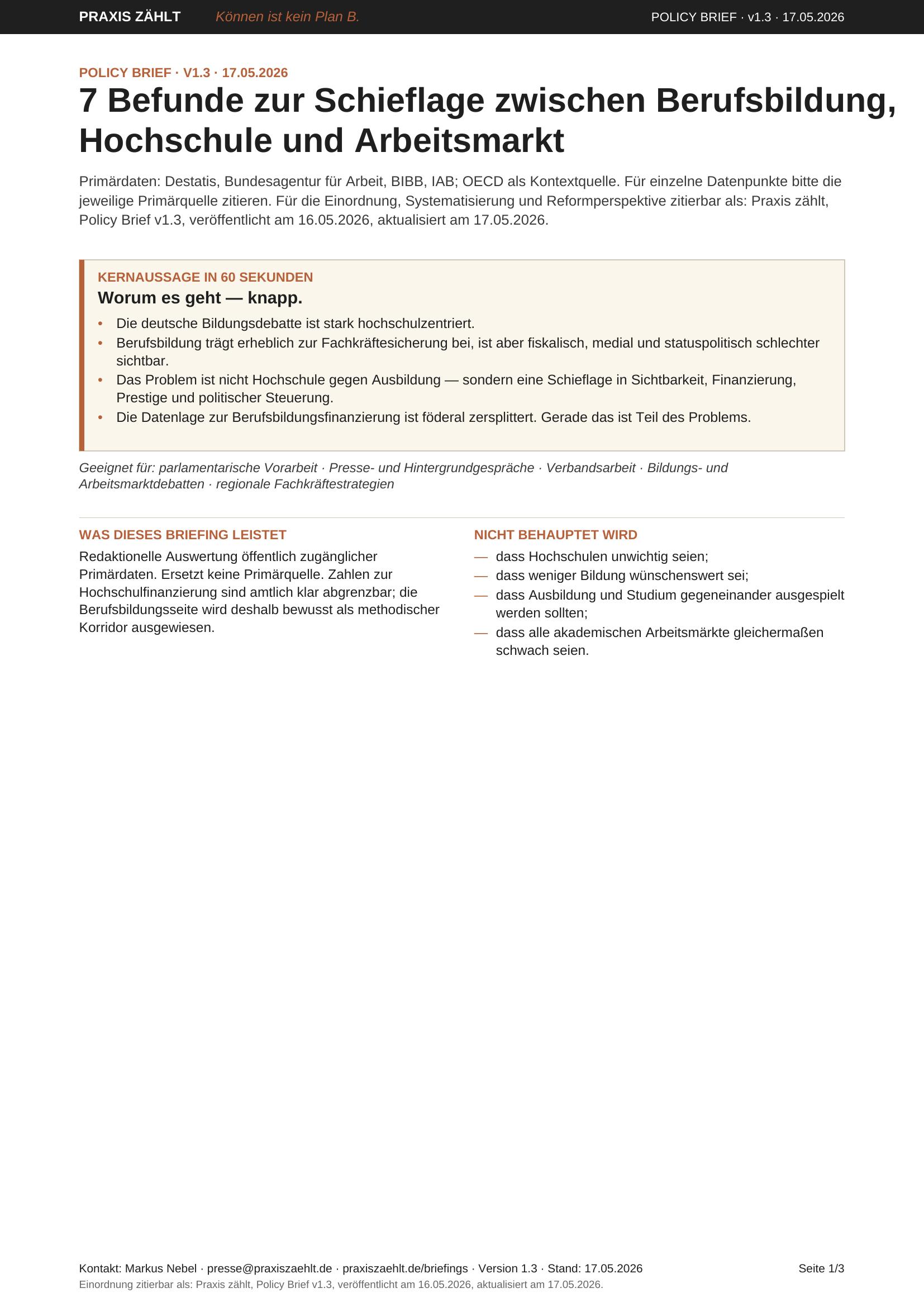 Policy Brief Praxis zählt: 7 Befunde zu Berufsbildung, Hochschule und Arbeitsmarkt